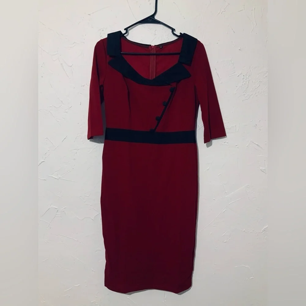 Red Bodycon Pencil Dress | Black Trim | Knee Length | Retro Chic Sz Medium